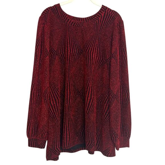 Intro Womens Shimmery Sweater 2X Red Black Metallic Geometric Long Sleeve - Picture 1 of 9